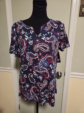 Kim Rogers Navy Paisley Split V‑Neck Short Sleeve Tee